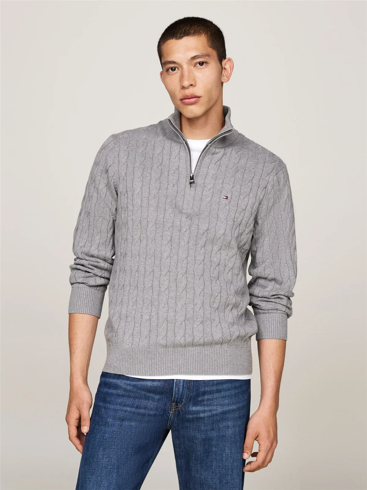 Tommy Hilfiger Classic Cable Knit Half-Zip Jumper - Grey - L