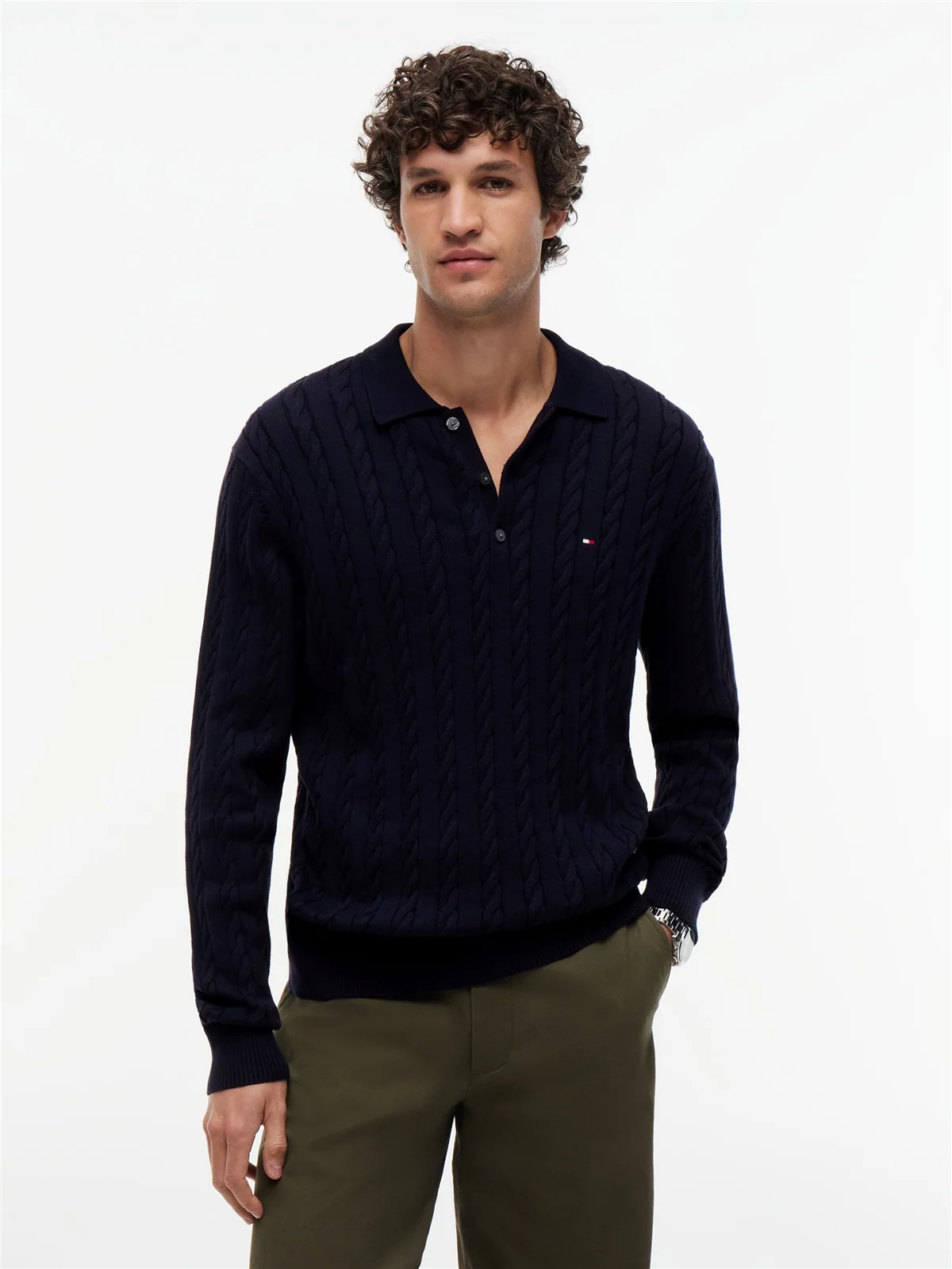 Tommy Hilfiger Classic Cotton Cable Polo Jumper - Navy - XL