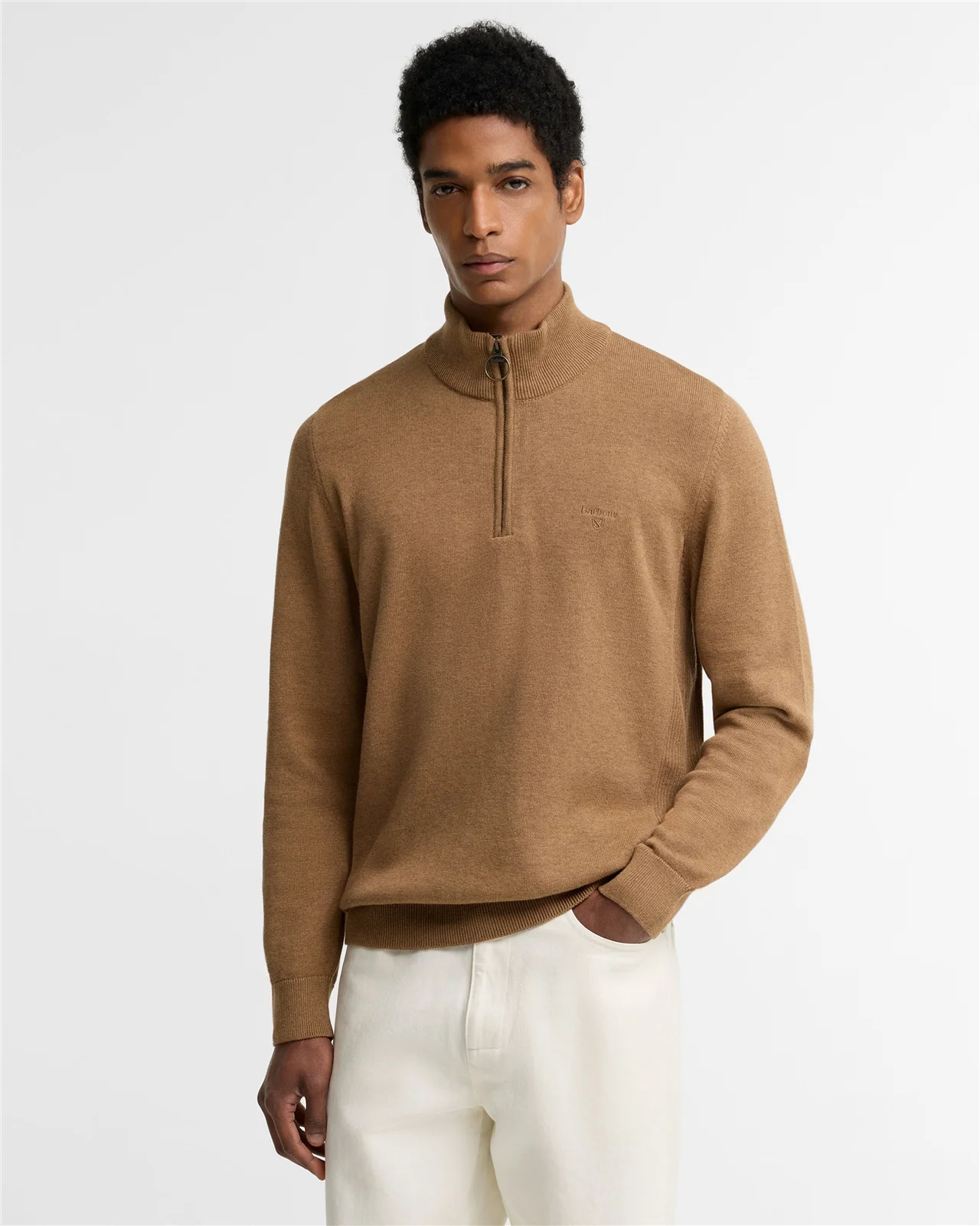 Barbour Cotton Half Zip Knitted Jumper - Sandstone Beige - XL