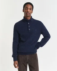 Gant Wool Blend Neps Half Buttoned Sweater - Navy - 2XL