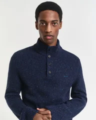 Gant Wool Blend Neps Half Buttoned Sweater - Navy - 2XL