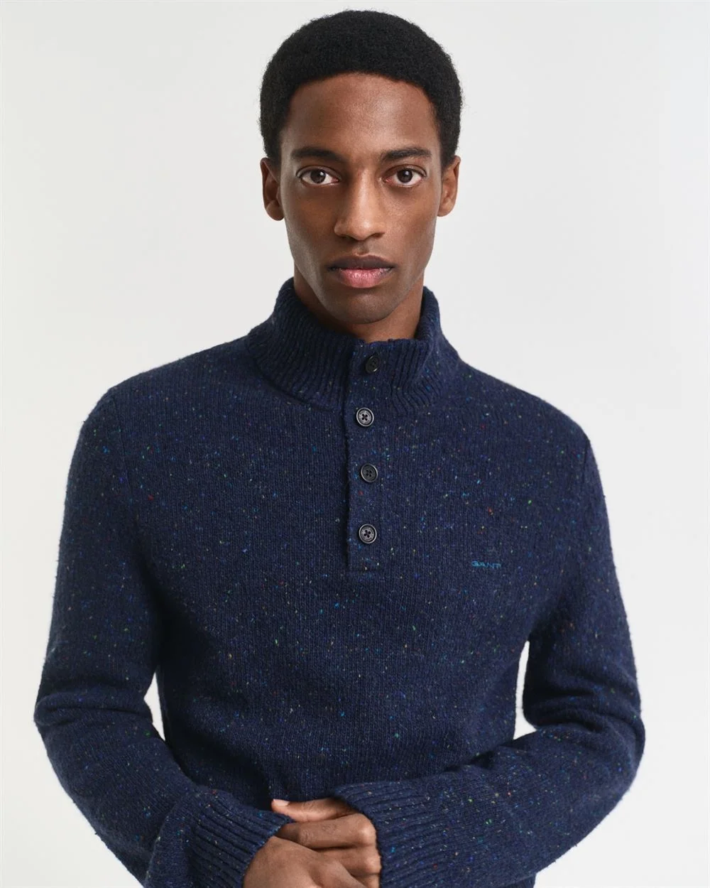 Gant Wool Blend Neps Half Buttoned Sweater - Navy - 2XL