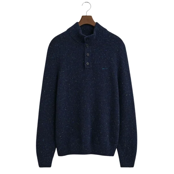Gant Wool Blend Neps Half Buttoned Sweater - Navy - 2XL