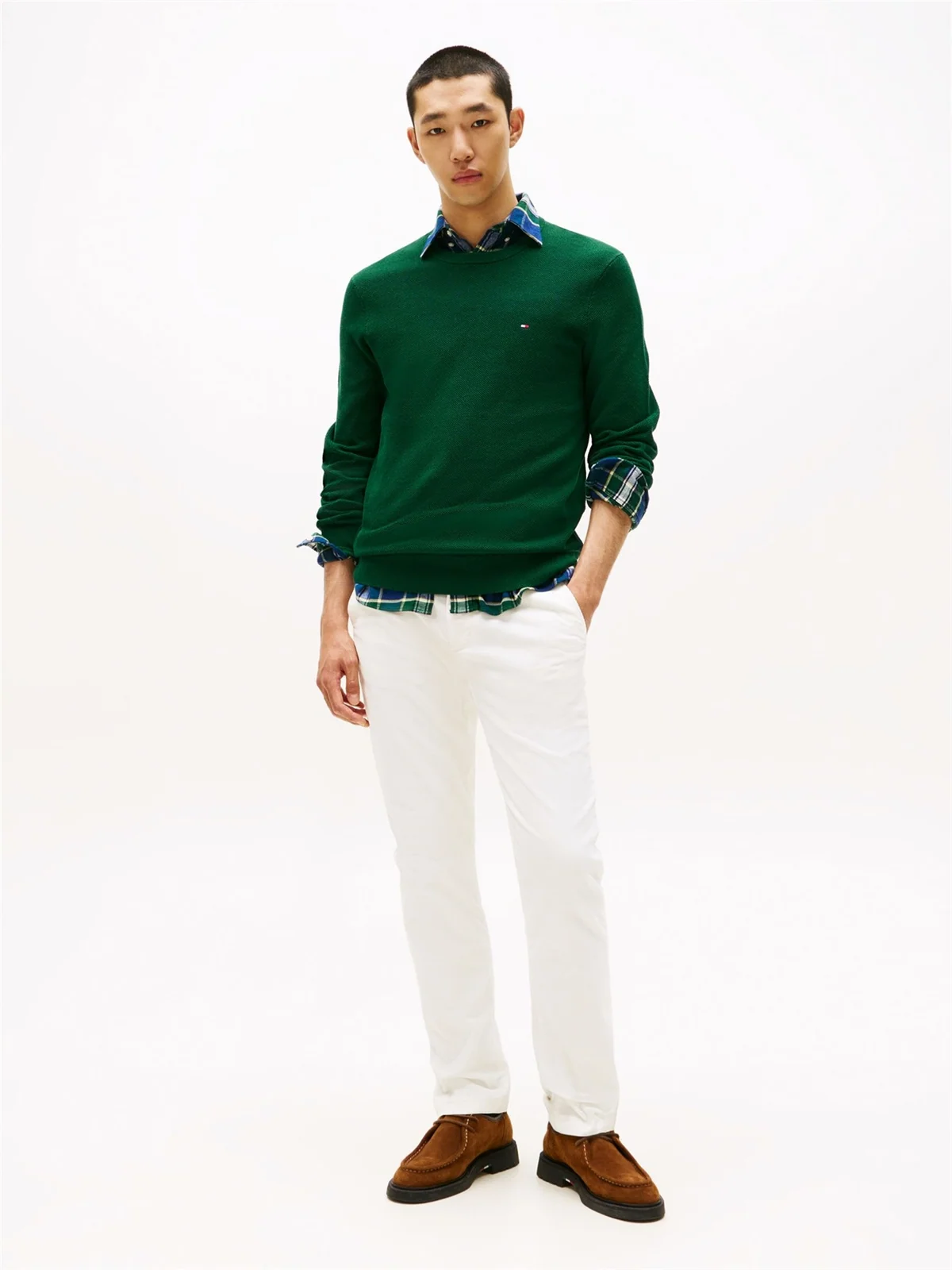 Tommy Hilfiger Flag Embroidery Textured Crew Neck Jumper - Green - XL
