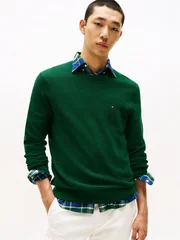 Tommy Hilfiger Flag Embroidery Textured Crew Neck Jumper - Green - XL