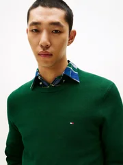 Tommy Hilfiger Flag Embroidery Textured Crew Neck Jumper - Green - XL