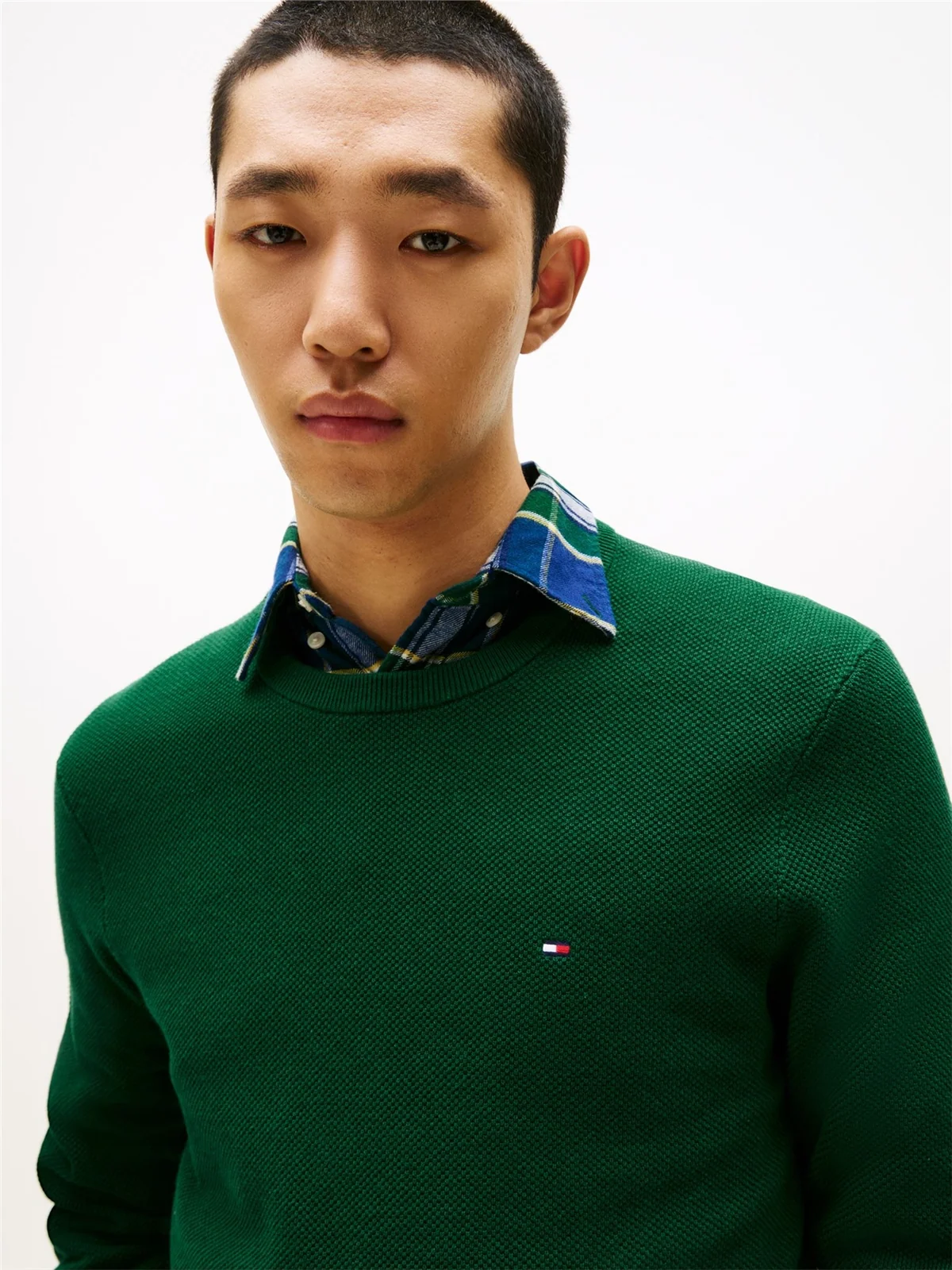 Tommy Hilfiger Flag Embroidery Textured Crew Neck Jumper - Green - XL