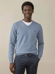 Fynch Hatton V-Neck Superfine Cotton Jumper - Breeze Blue - L