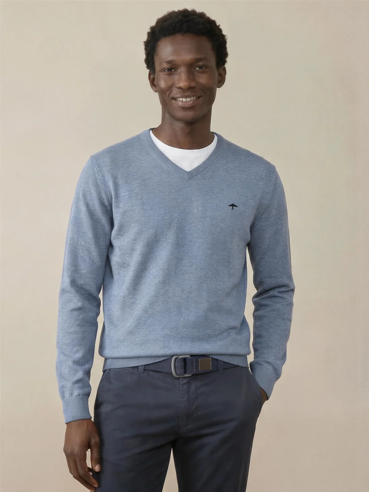 Fynch Hatton V-Neck Superfine Cotton Jumper - Breeze Blue - L