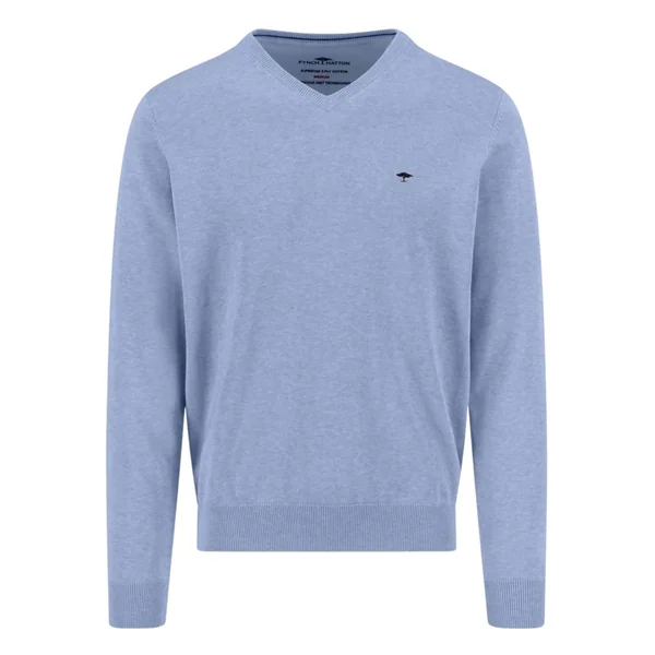 Fynch Hatton V-Neck Superfine Cotton Jumper - Breeze Blue - L
