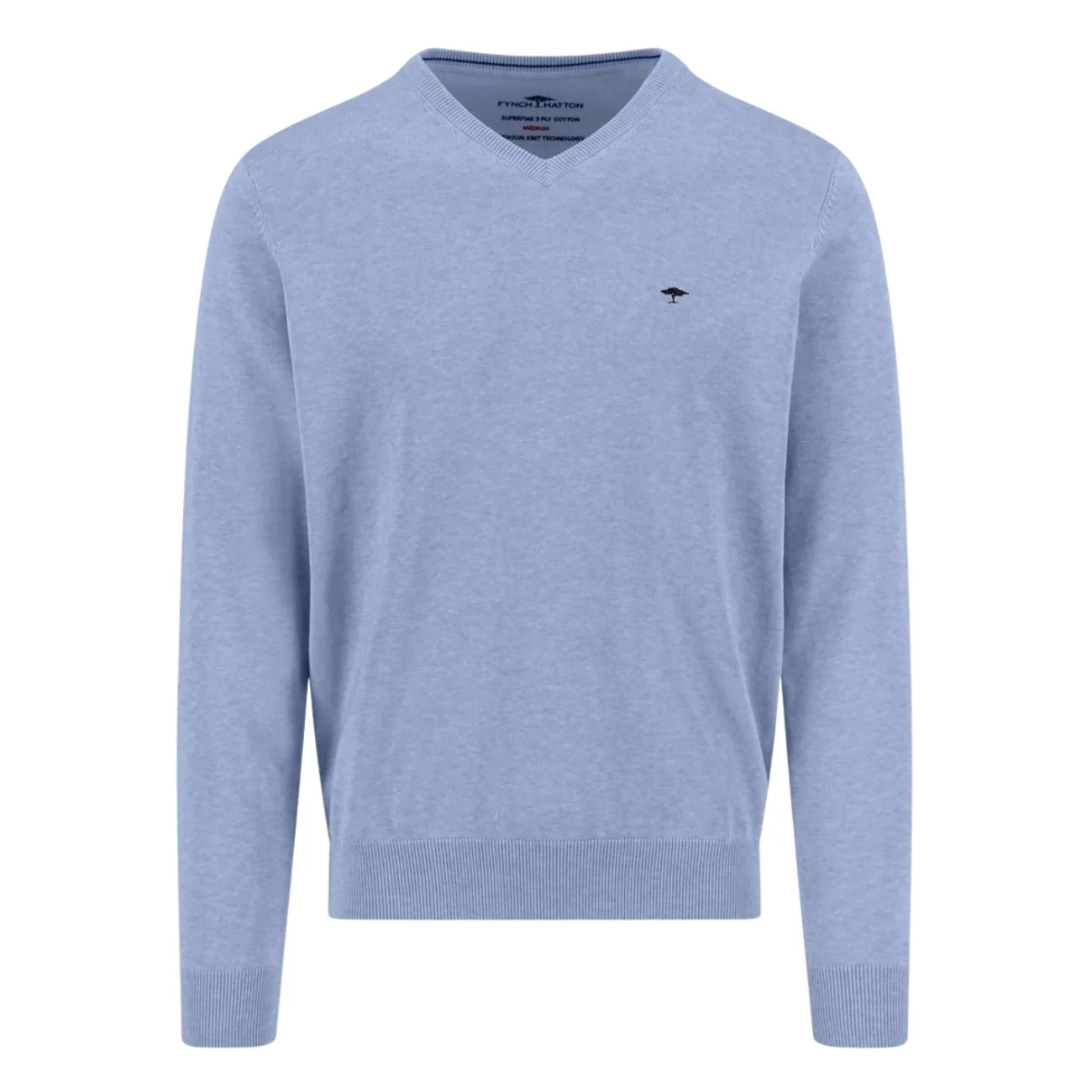Fynch Hatton V-Neck Superfine Cotton Jumper - Breeze Blue - L