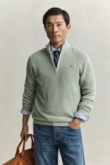 Gant Micro Textured Cotton Half Zip Jumper - Green - M
