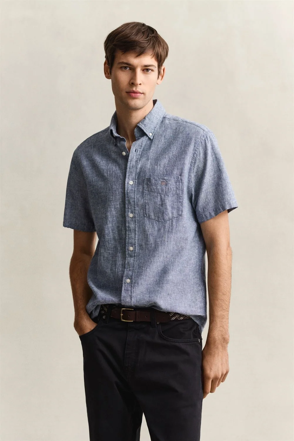 Gant Reg Cotton Linen Ss Shirt - Blue - M