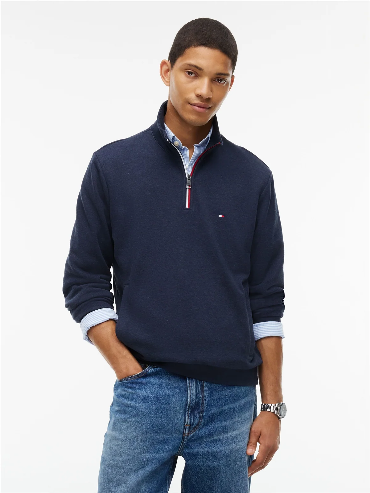 Tommy Hilfiger Rwb Tipping Terry Zip Neck Swearshirt - Navy - M
