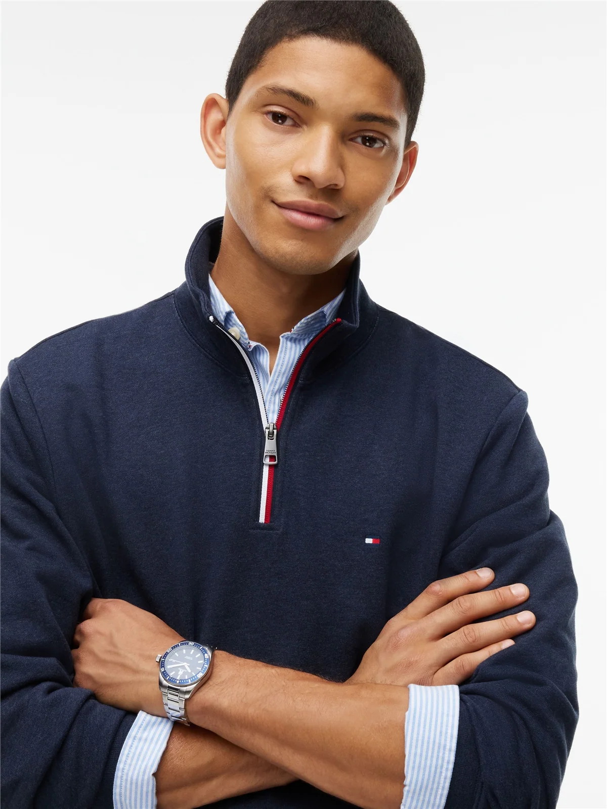 Tommy Hilfiger Rwb Tipping Terry Zip Neck Swearshirt - Navy - M
