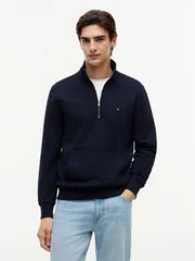 Tommy Hilfiger Flag Embroidery Terry Quarter-Zip Jumper - Navy - S