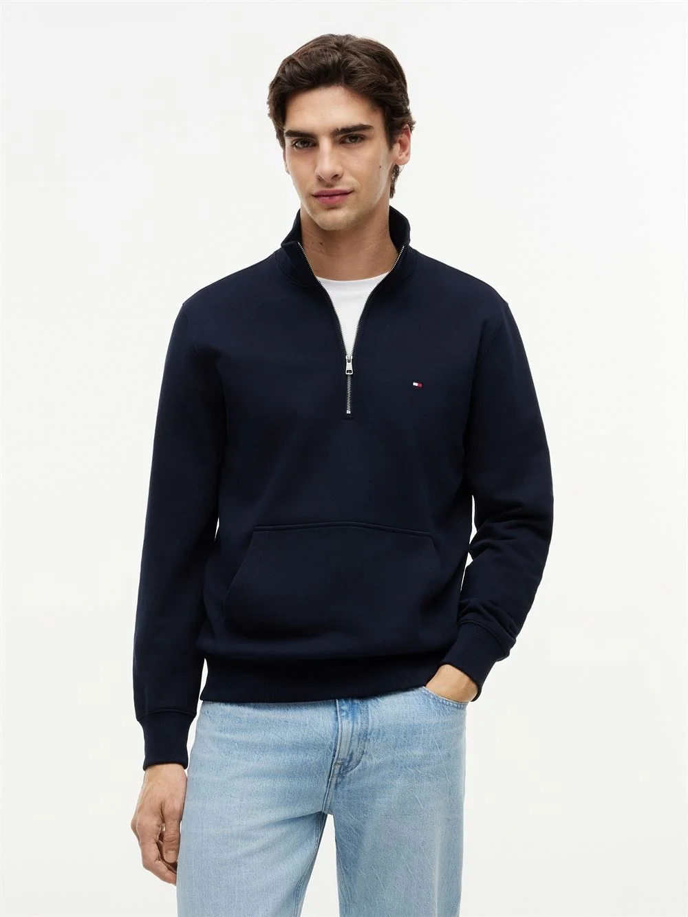 Tommy Hilfiger Flag Embroidery Terry Quarter-Zip Jumper - Navy - S
