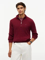 Tommy Hilfiger Classic Cable Knit Quarter-Zip Jumper - Wine - XL