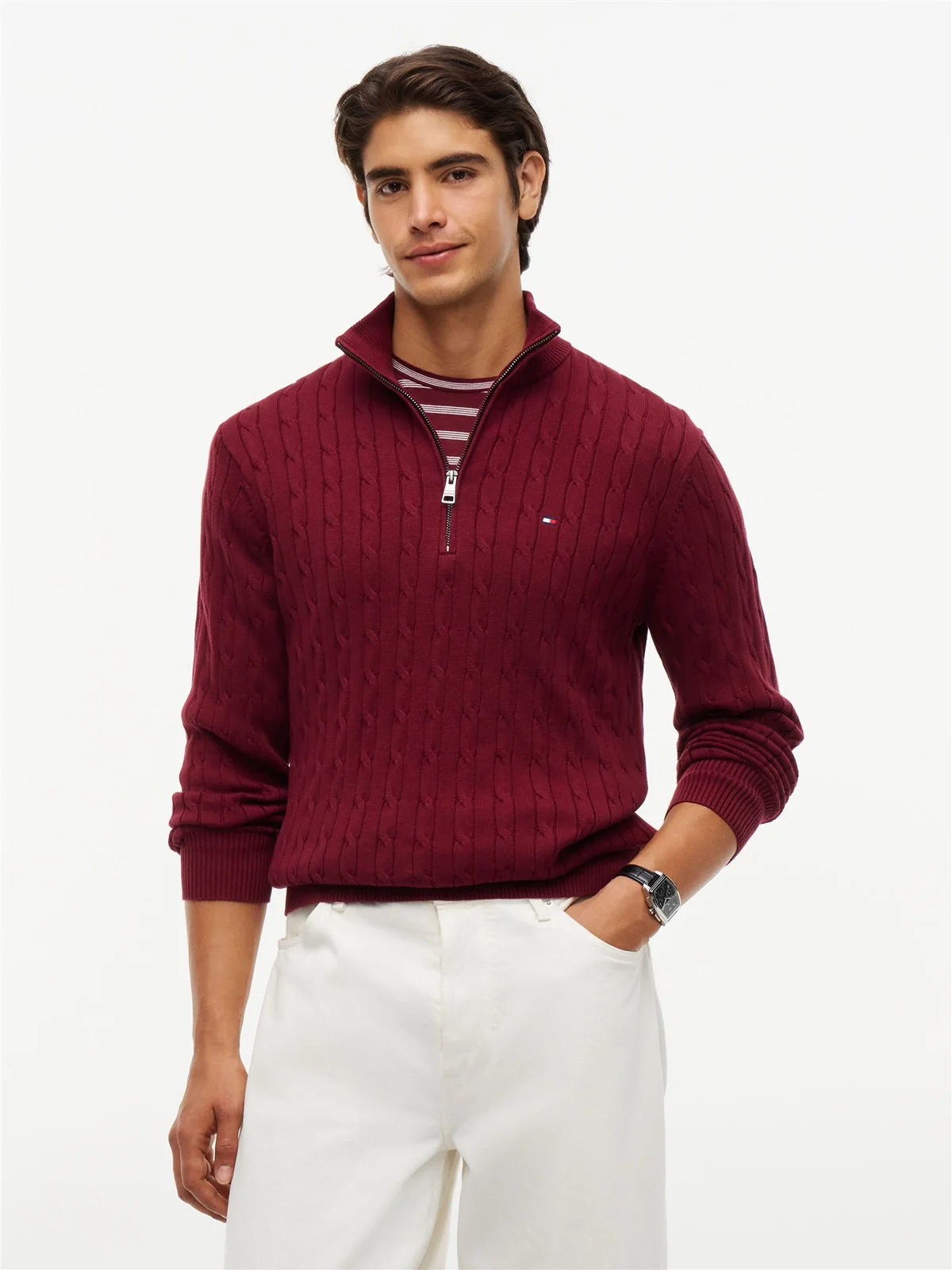 Tommy Hilfiger Classic Cable Knit Quarter-Zip Jumper - Wine - XL