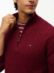 Tommy Hilfiger Classic Cable Knit Quarter-Zip Jumper - Wine - XL