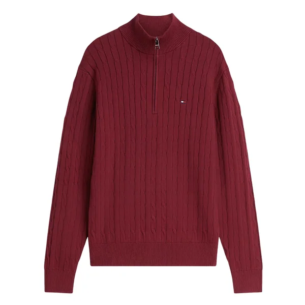 Tommy Hilfiger Classic Cable Knit Quarter-Zip Jumper - Wine - XL