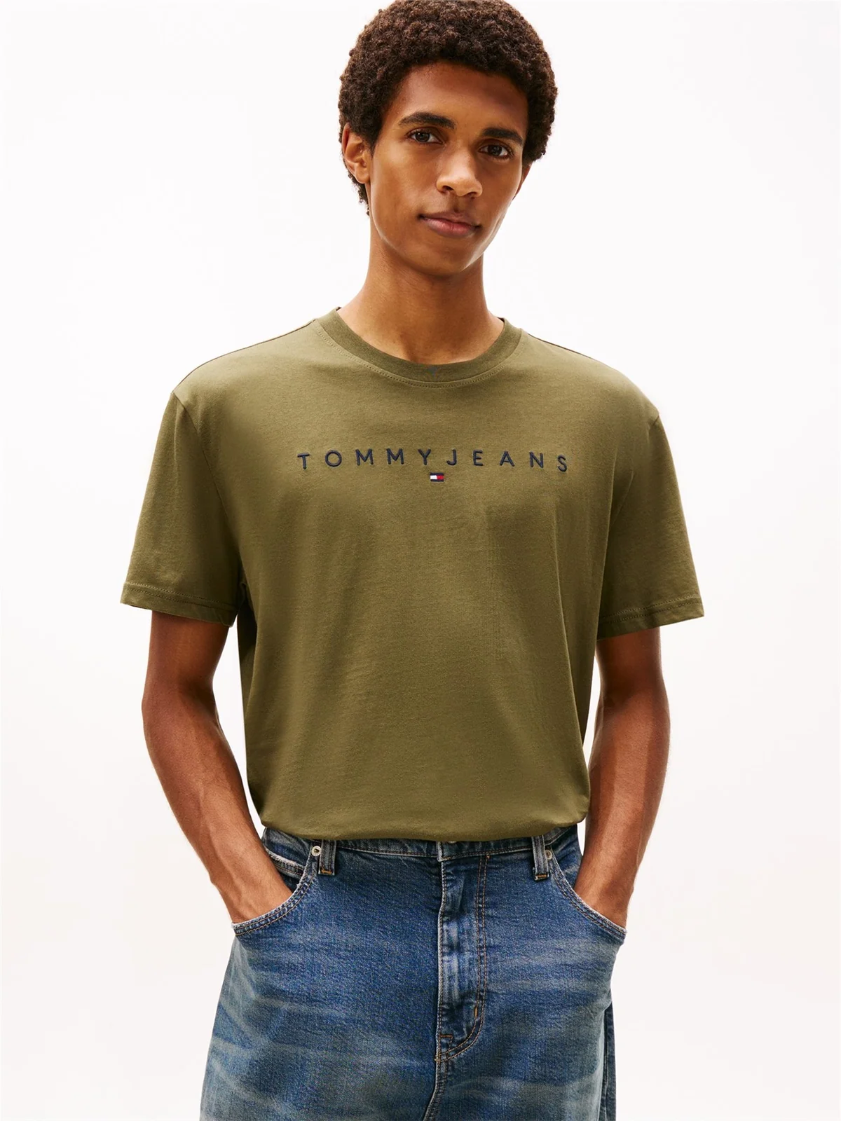 Tommy Jeans Linear Logo Embroidery T-Shirt - Green - XS