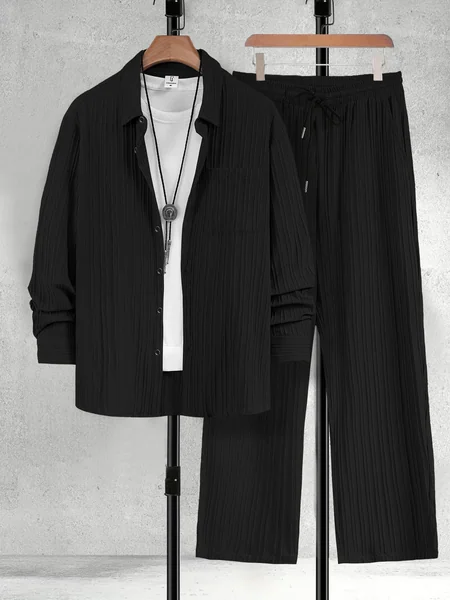 Men's Spring Autumn Solid Color Vertical Stripe Fabric Drawstring Decorated Long Sleeve Shirt Casual Pants Set