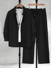 Men's Spring Autumn Solid Color Vertical Stripe Fabric Drawstring Decorated Long Sleeve Shirt Casual Pants Set
