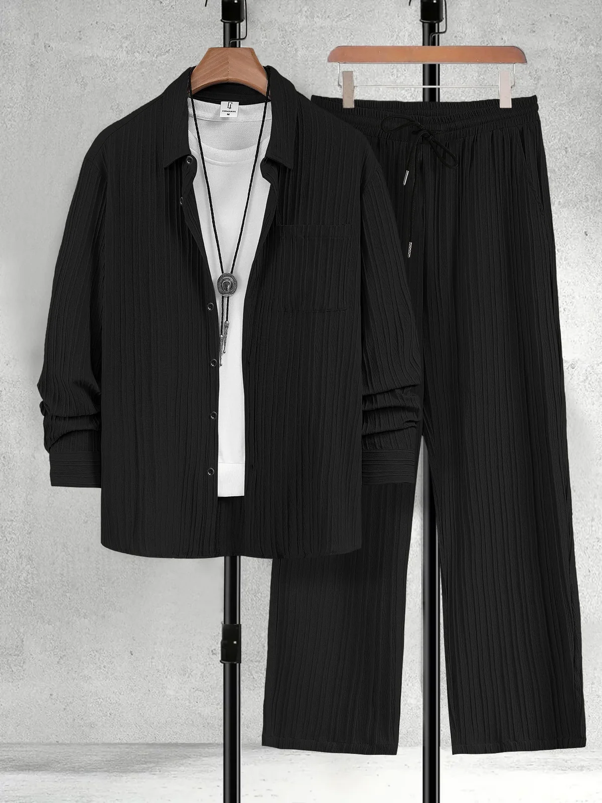 Men's Spring Autumn Solid Color Vertical Stripe Fabric Drawstring Decorated Long Sleeve Shirt Casual Pants Set
