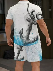 Summer Men Lapel Shirt & Drawstring Shorts Set Nautical Anchor Rope Ocean Wave Graphic Print Polyester Beach Outfit