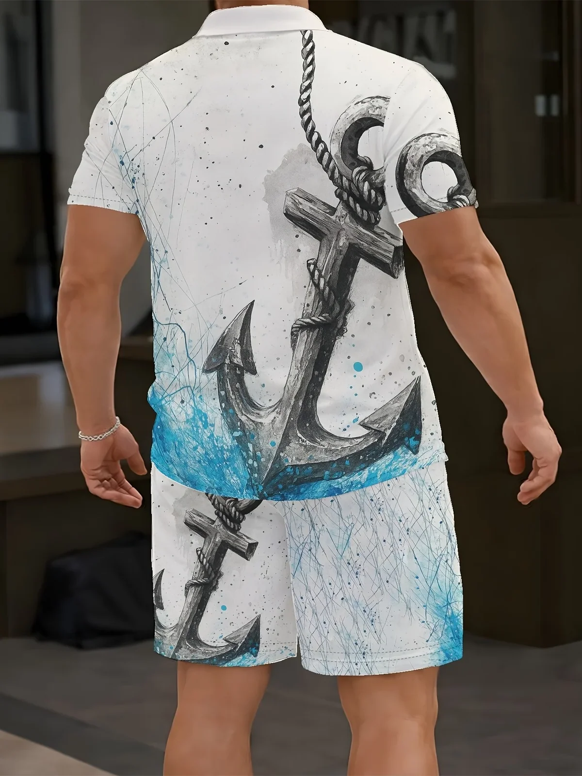 Summer Men Lapel Shirt & Drawstring Shorts Set Nautical Anchor Rope Ocean Wave Graphic Print Polyester Beach Outfit