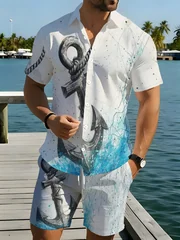Summer Men Lapel Shirt & Drawstring Shorts Set Nautical Anchor Rope Ocean Wave Graphic Print Polyester Beach Outfit