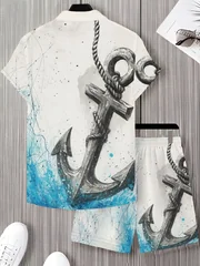 Summer Men Lapel Shirt & Drawstring Shorts Set Nautical Anchor Rope Ocean Wave Graphic Print Polyester Beach Outfit