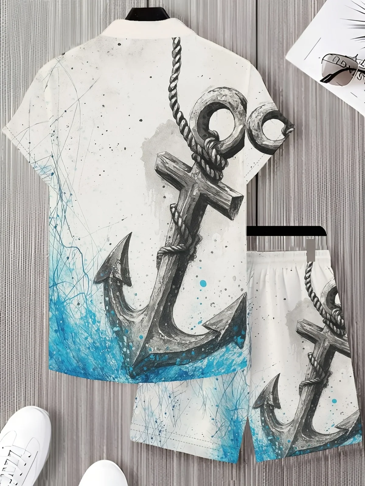Summer Men Lapel Shirt & Drawstring Shorts Set Nautical Anchor Rope Ocean Wave Graphic Print Polyester Beach Outfit