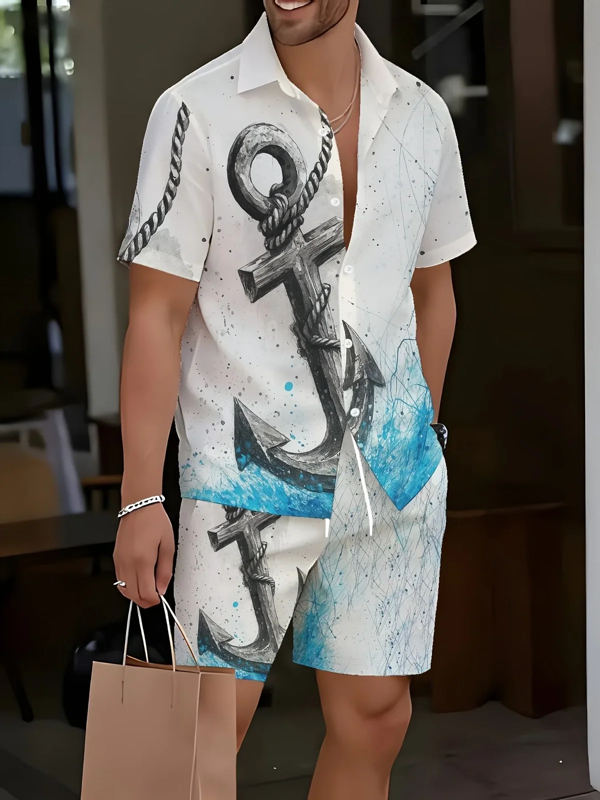 Summer Men Lapel Shirt & Drawstring Shorts Set Nautical Anchor Rope Ocean Wave Graphic Print Polyester Beach Outfit