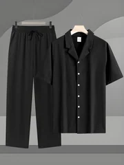 Men's Outfit Set Cuban Collar Short Sleeve Button Shirt Wide Leg Pants Street Style Summer Resort Casual Wear