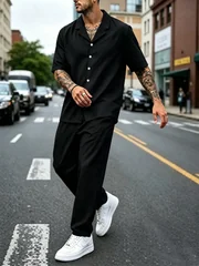 Men's Outfit Set Cuban Collar Short Sleeve Button Shirt Wide Leg Pants Street Style Summer Resort Casual Wear