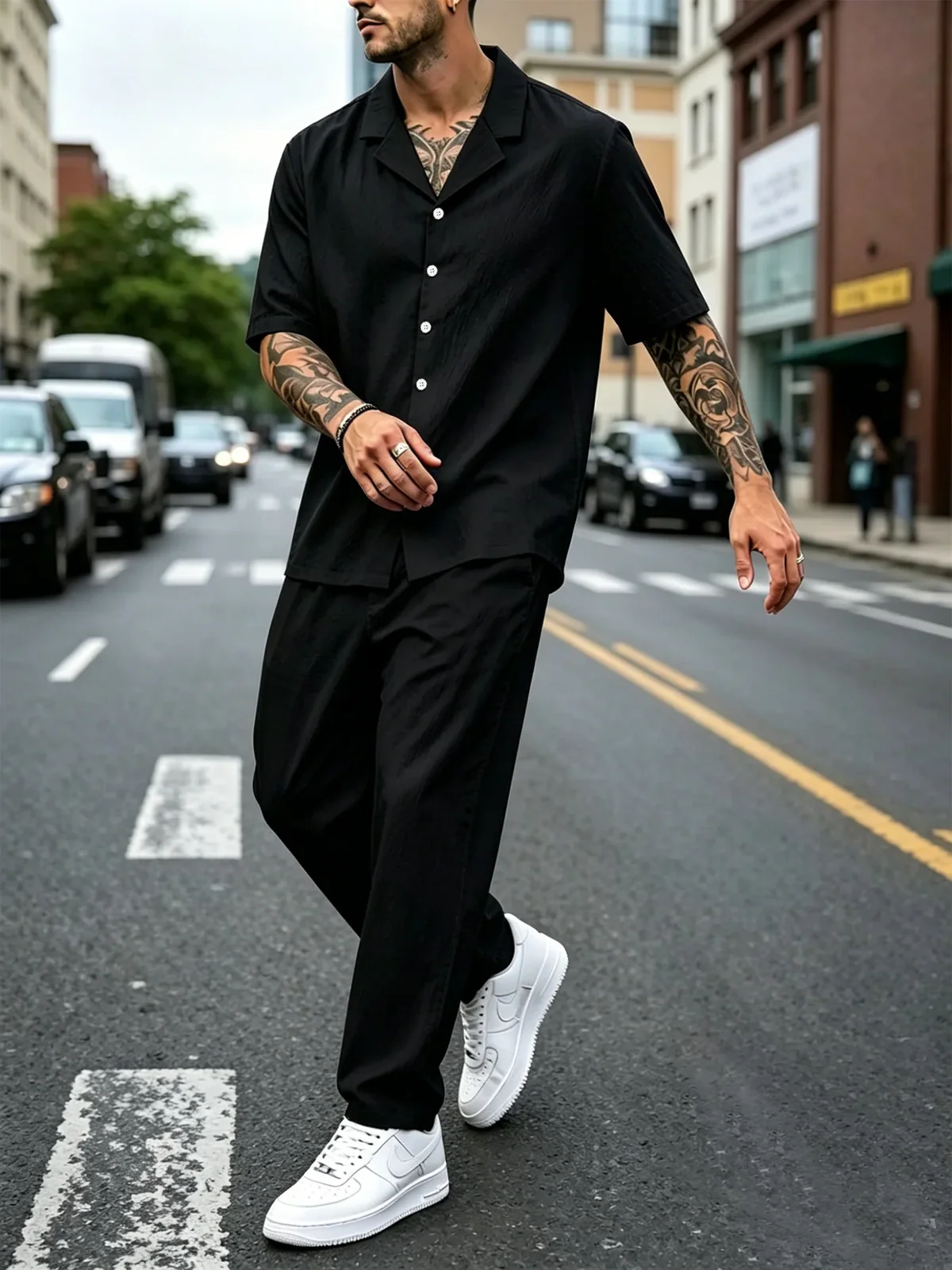 Men's Outfit Set Cuban Collar Short Sleeve Button Shirt Wide Leg Pants Street Style Summer Resort Casual Wear
