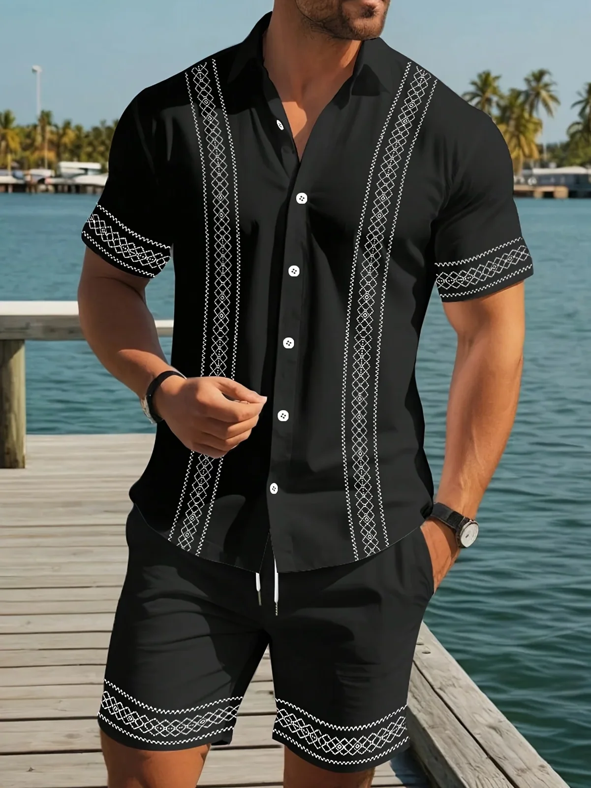 Summer 3D Striped Retro-Print Men's Set Casual Men's Short-Sleeve Shirt Outdoor Vacation Beach Shorts Stylish Beachwear Set
