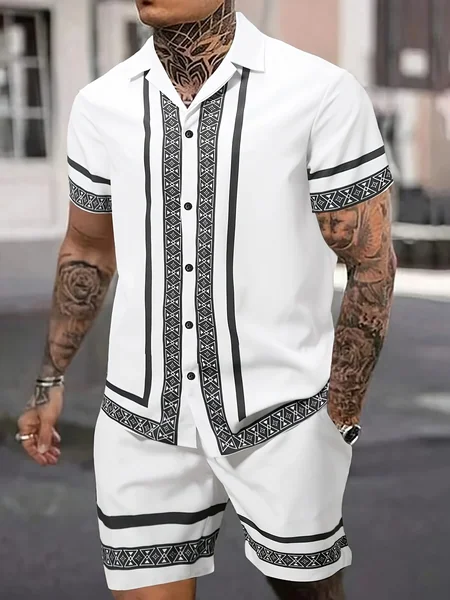 Summer 3D Striped Retro-Print Men's Set Casual Men's Short-Sleeve Shirt Outdoor Vacation Beach Shorts Stylish Beachwear Set