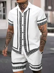 Summer 3D Striped Retro-Print Men's Set Casual Men's Short-Sleeve Shirt Outdoor Vacation Beach Shorts Stylish Beachwear Set