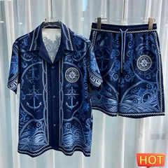 Sailor Pattern Men's Shirt Set Fashion Lapel Short Sleeve and Shorts 2 Piece Outfit Summer Casual Loose Tee Suit Luxury Clothing