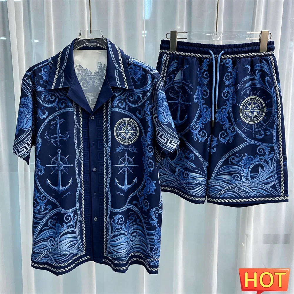 Sailor Pattern Men's Shirt Set Fashion Lapel Short Sleeve and Shorts 2 Piece Outfit Summer Casual Loose Tee Suit Luxury Clothing