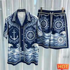 Sailor Pattern Men's Shirt Set Fashion Lapel Short Sleeve and Shorts 2 Piece Outfit Summer Casual Loose Tee Suit Luxury Clothing
