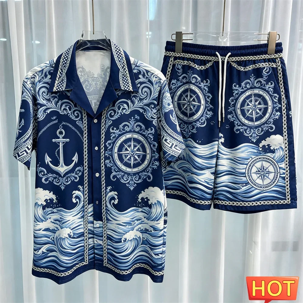 Sailor Pattern Men's Shirt Set Fashion Lapel Short Sleeve and Shorts 2 Piece Outfit Summer Casual Loose Tee Suit Luxury Clothing
