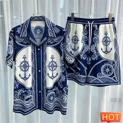 Sailor Pattern Men's Shirt Set Fashion Lapel Short Sleeve and Shorts 2 Piece Outfit Summer Casual Loose Tee Suit Luxury Clothing