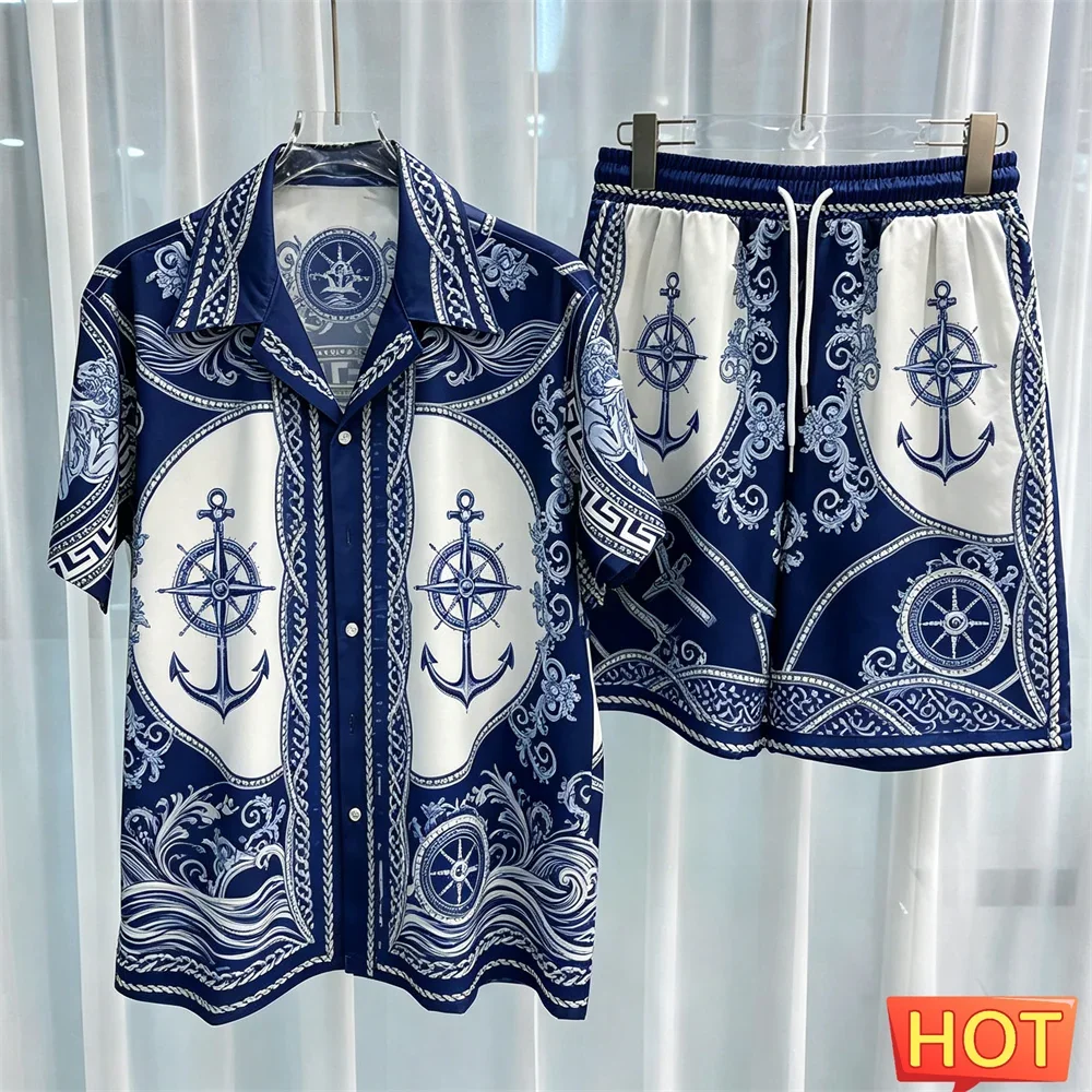 Sailor Pattern Men's Shirt Set Fashion Lapel Short Sleeve and Shorts 2 Piece Outfit Summer Casual Loose Tee Suit Luxury Clothing