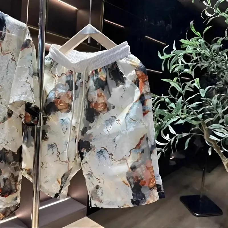 Fashionable And Casual Men's New High-end Trendy Printed Shorts And Shirts Two-piece Trendy Casual Suit