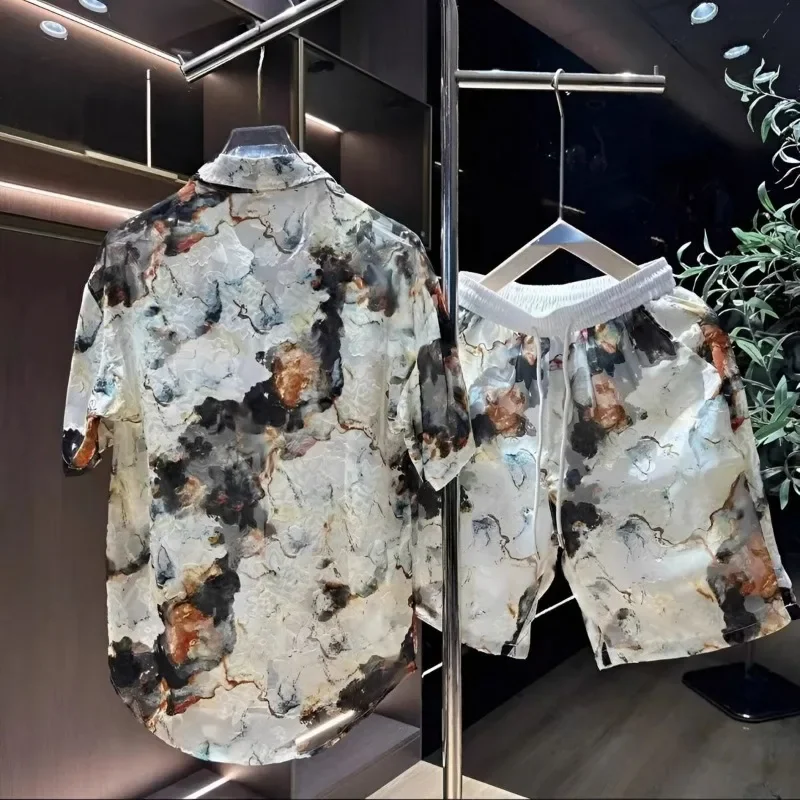 Fashionable And Casual Men's New High-end Trendy Printed Shorts And Shirts Two-piece Trendy Casual Suit