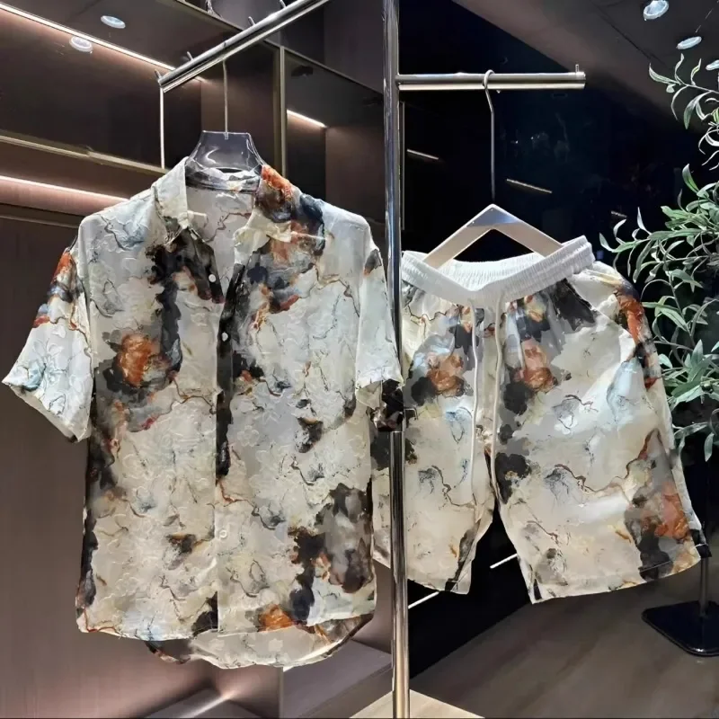 Fashionable And Casual Men's New High-end Trendy Printed Shorts And Shirts Two-piece Trendy Casual Suit